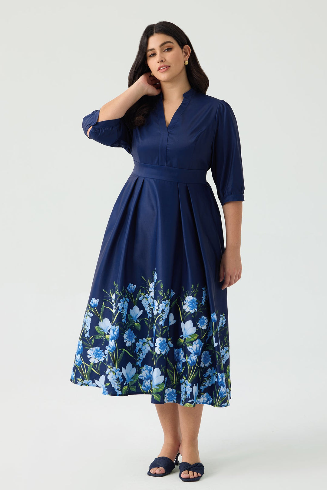 Pockets Bow Tie Waist Navy Blue Floral A-Line Midi Dress