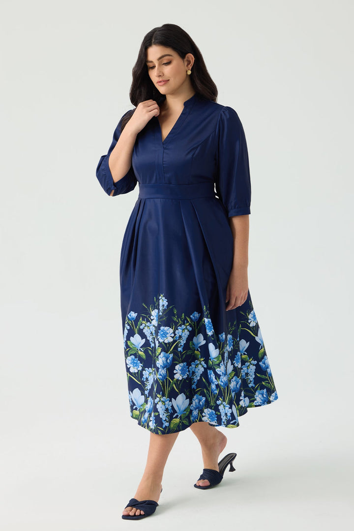 Pockets Bow Tie Waist Navy Blue Floral A-Line Midi Dress