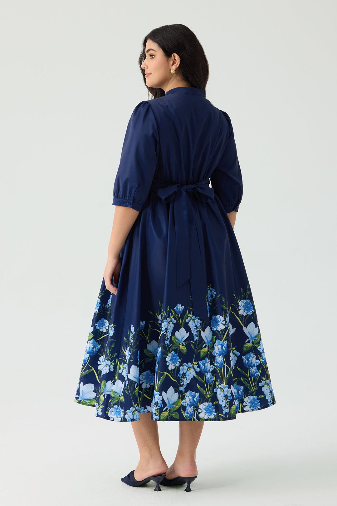 Pockets Bow Tie Waist Navy Blue Floral A-Line Midi Dress