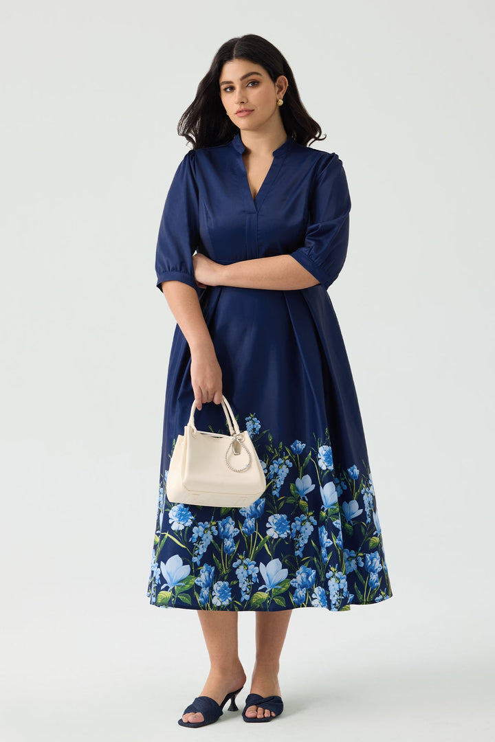 Pockets Bow Tie Waist Navy Blue Floral A-Line Midi Dress
