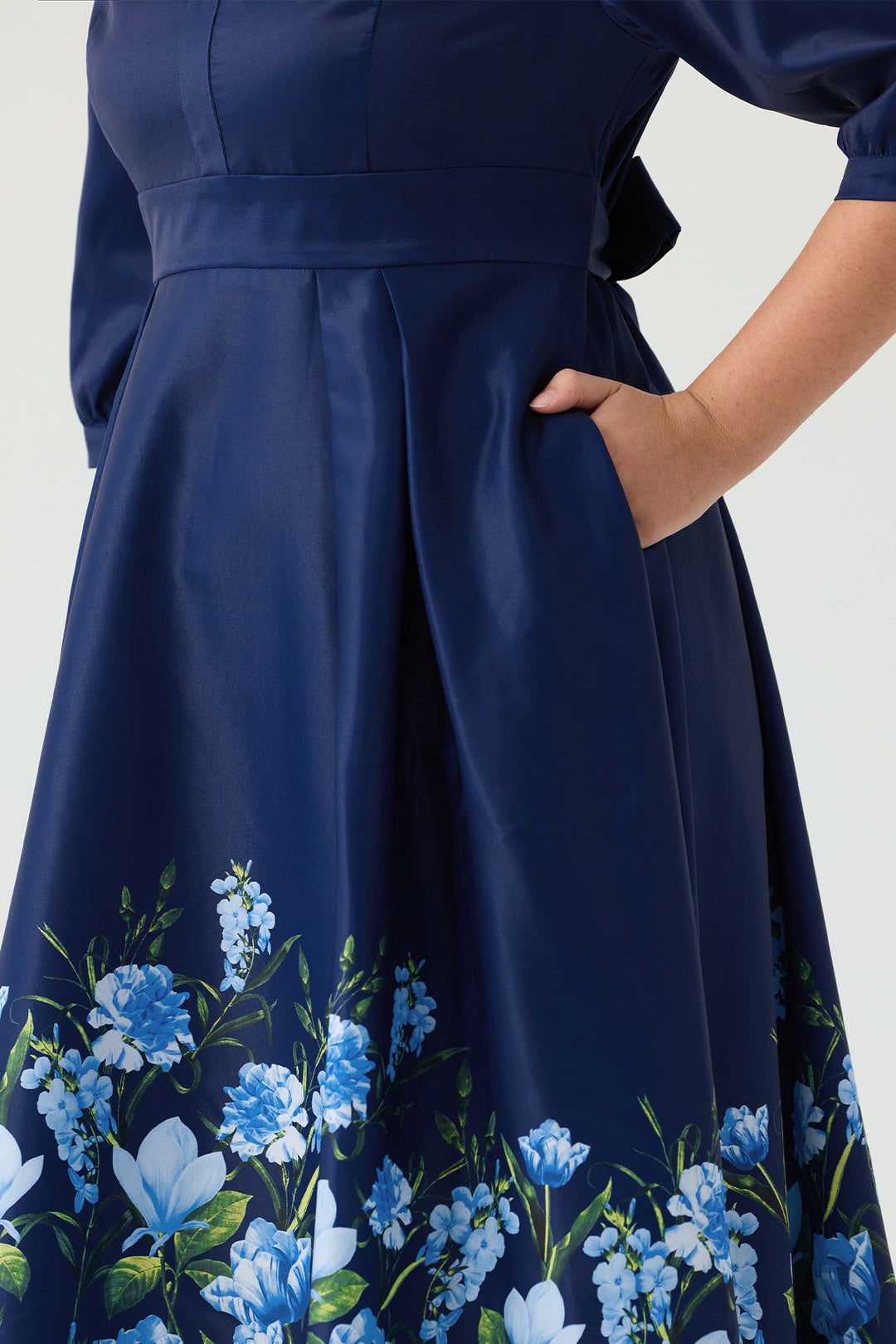 Pockets Bow Tie Waist Navy Blue Floral A-Line Midi Dress