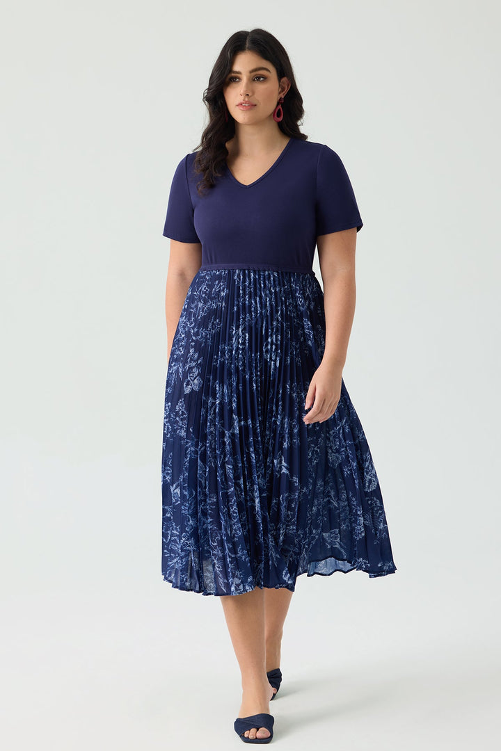 Patchwork Navy Floral Pleated Flowy A-Line Midi Dress