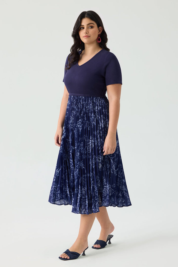 Patchwork Navy Floral Pleated Flowy A-Line Midi Dress