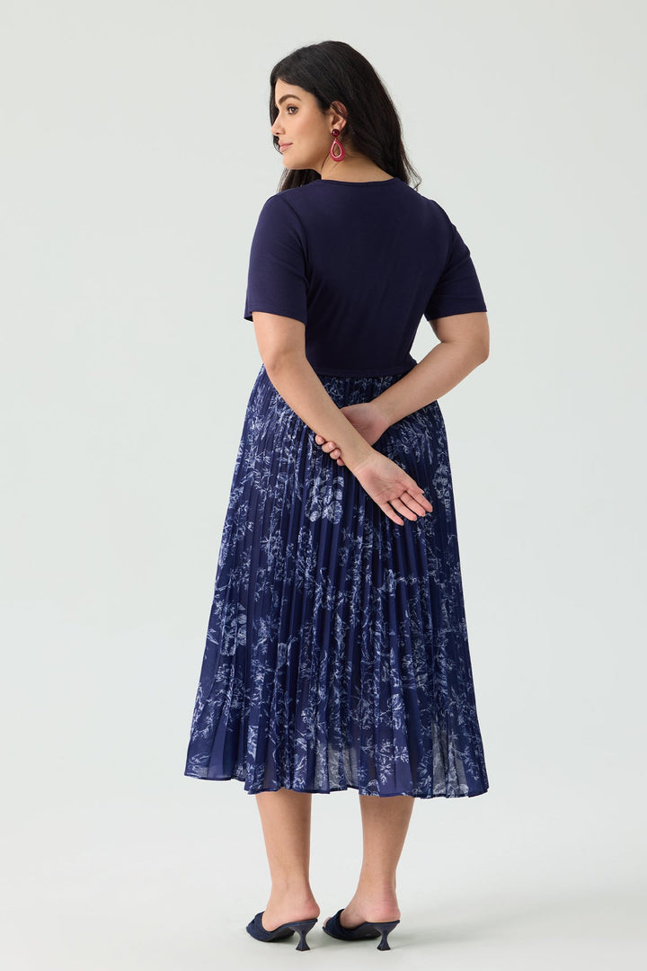 Patchwork Navy Floral Pleated Flowy A-Line Midi Dress
