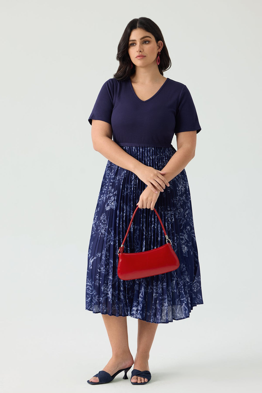 Patchwork Navy Floral Pleated Flowy A-Line Midi Dress