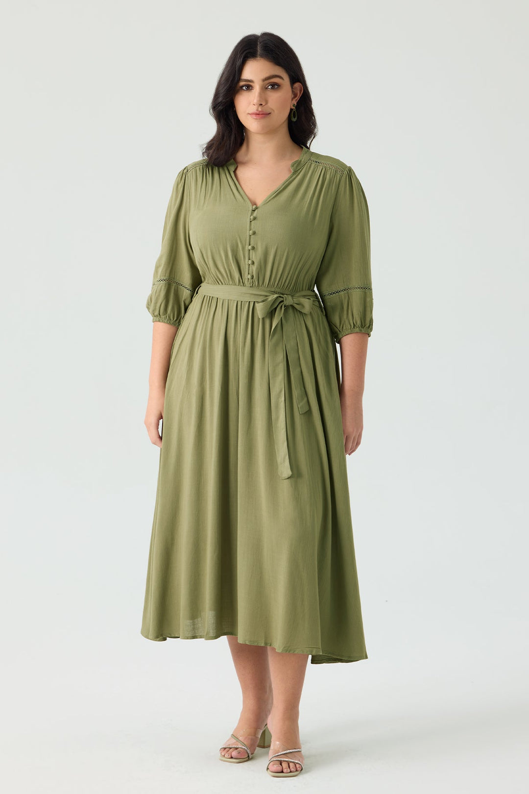 Pockets Adjustable Tie Waist Embroidered Details Green Midi Dress