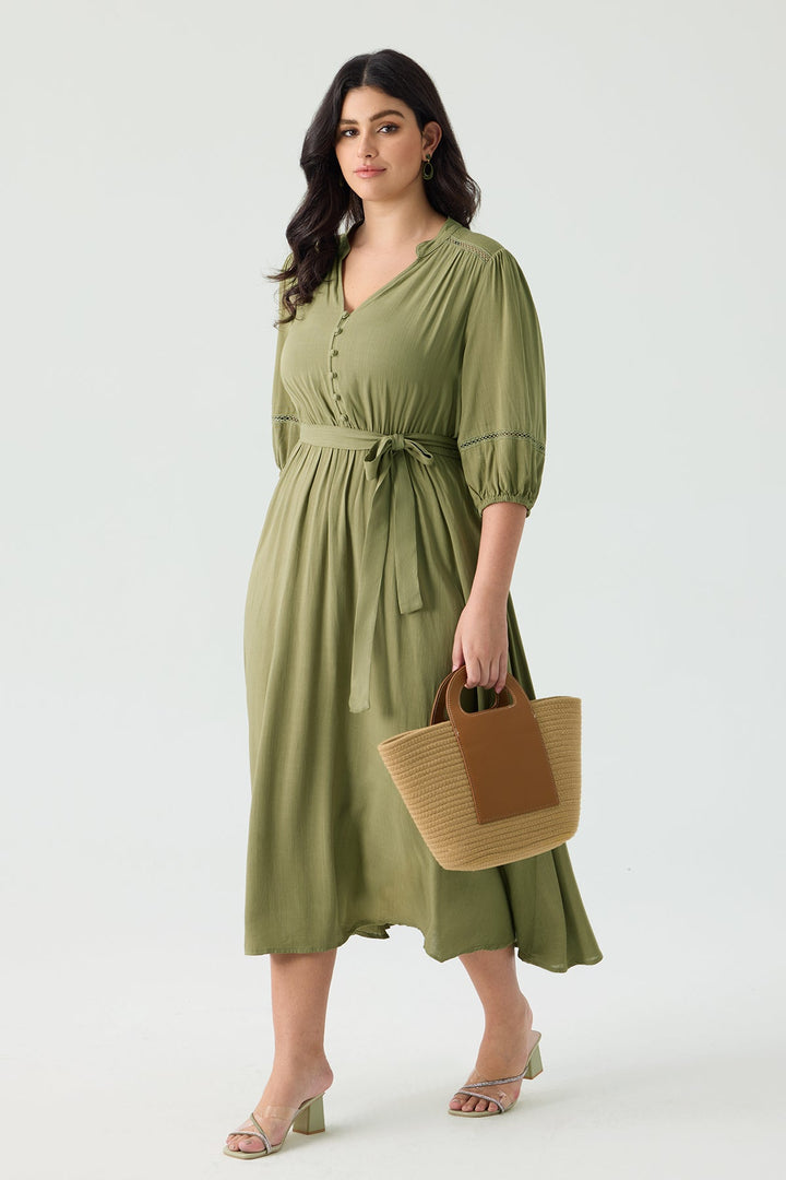 Pockets Adjustable Tie Waist Embroidered Details Green Midi Dress