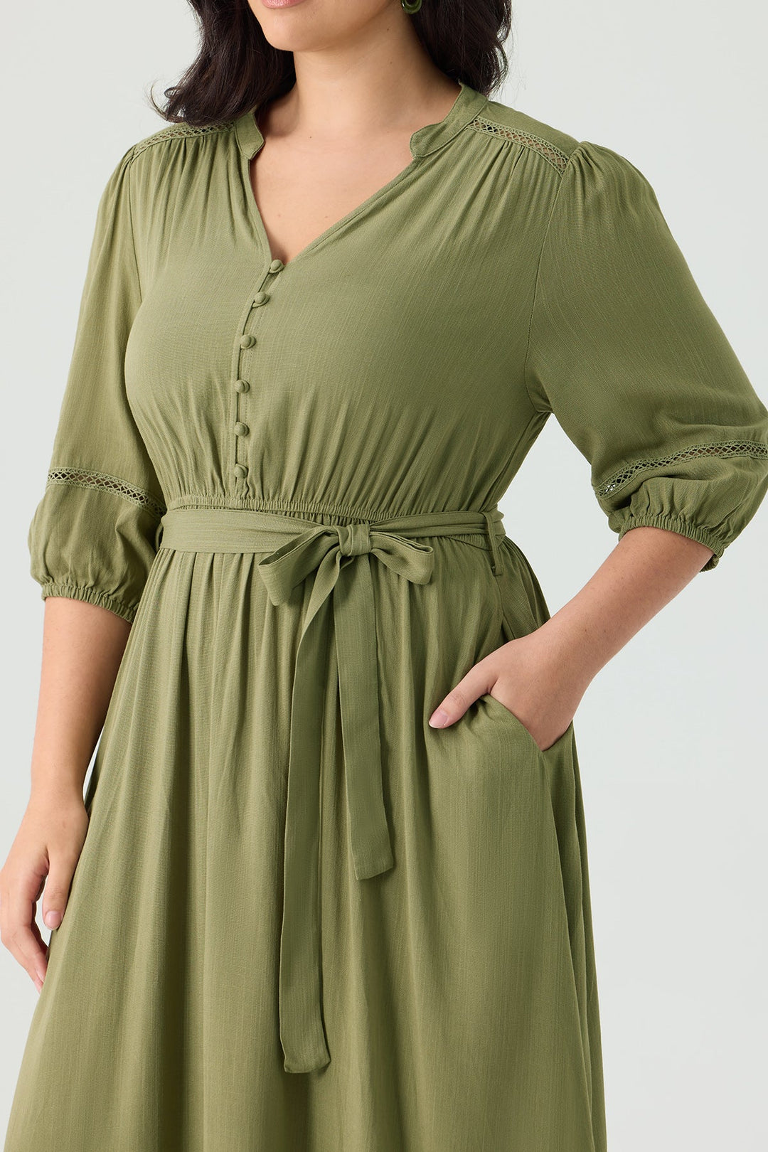 Pockets Adjustable Tie Waist Embroidered Details Green Midi Dress