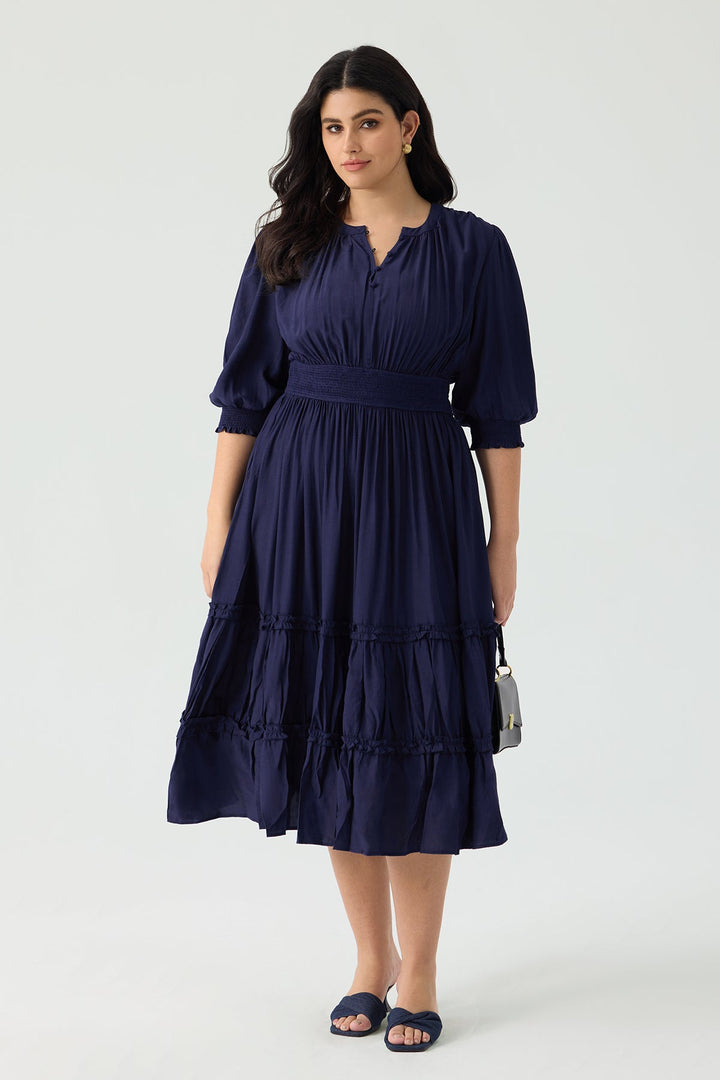 Pocket Smock Waist Tiered Ruffled Button Midi Dress
