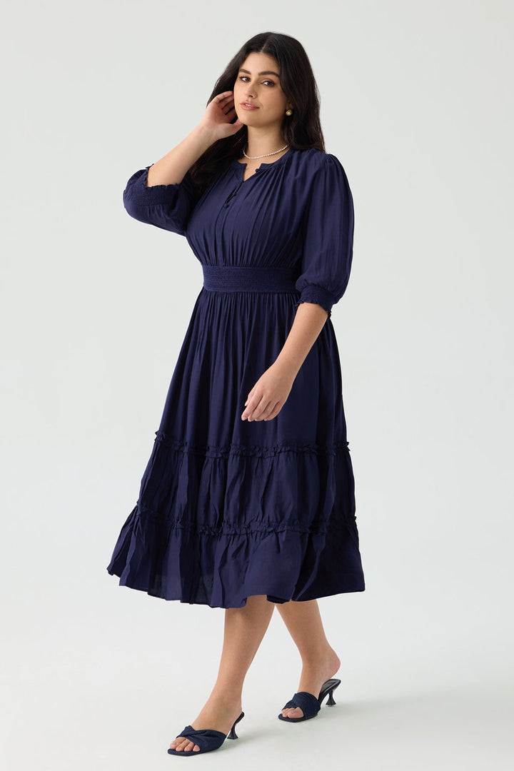 Pocket Smock Waist Tiered Ruffled Button Midi Dress