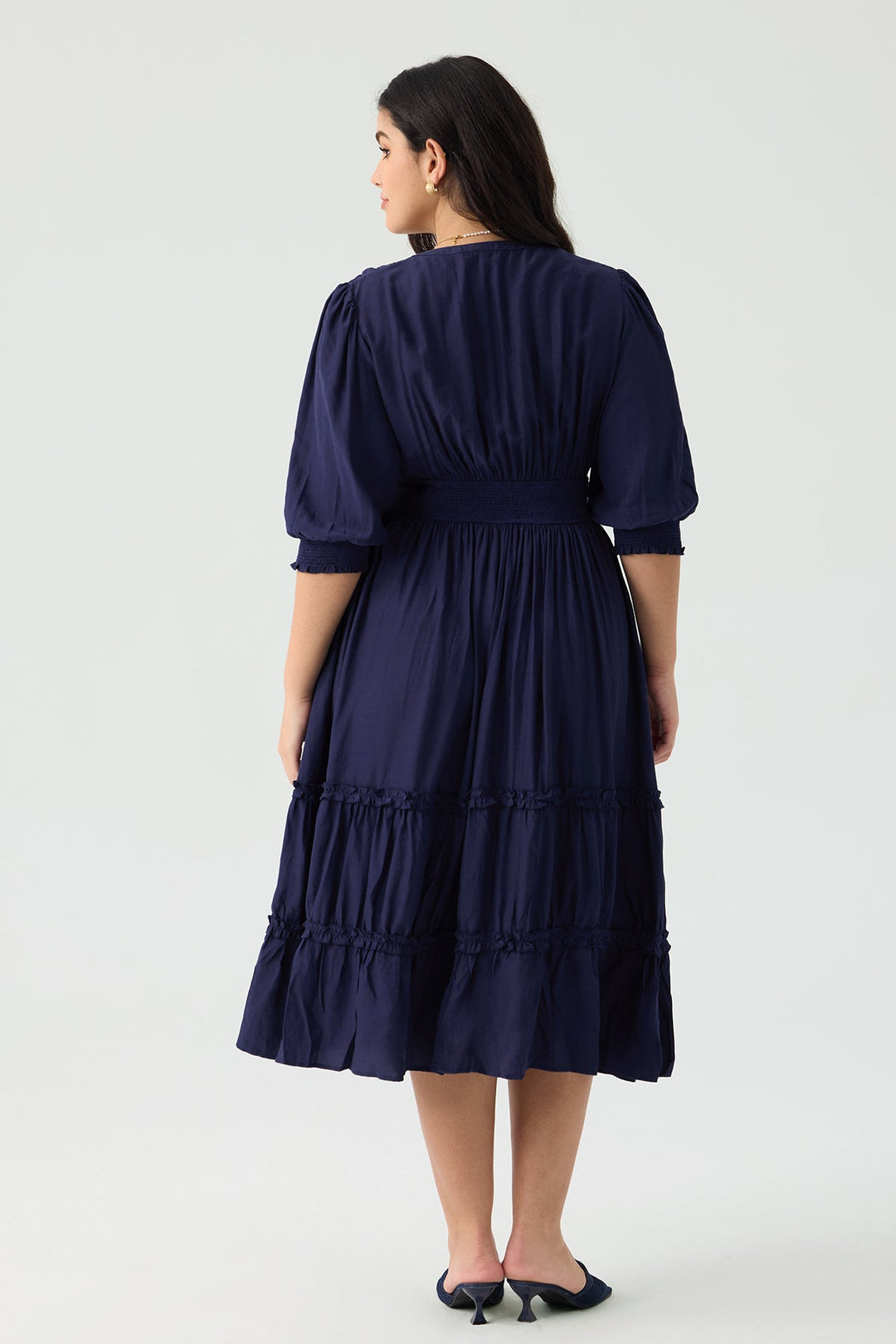 Pocket Smock Waist Tiered Ruffled Button Midi Dress