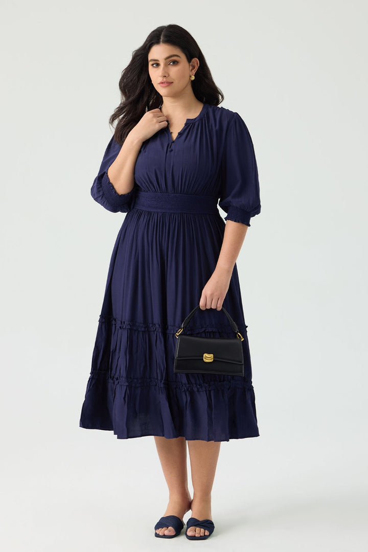 Pocket Smock Waist Tiered Ruffled Button Midi Dress