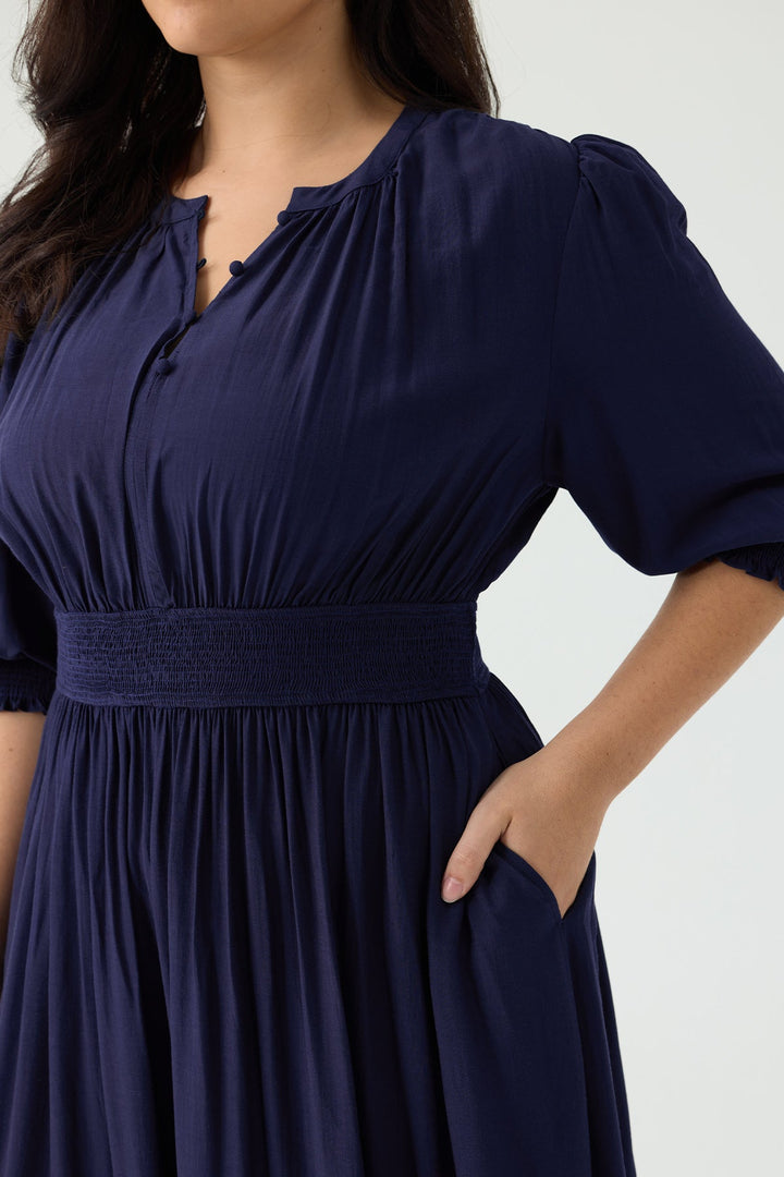 Pocket Smock Waist Tiered Ruffled Button Midi Dress