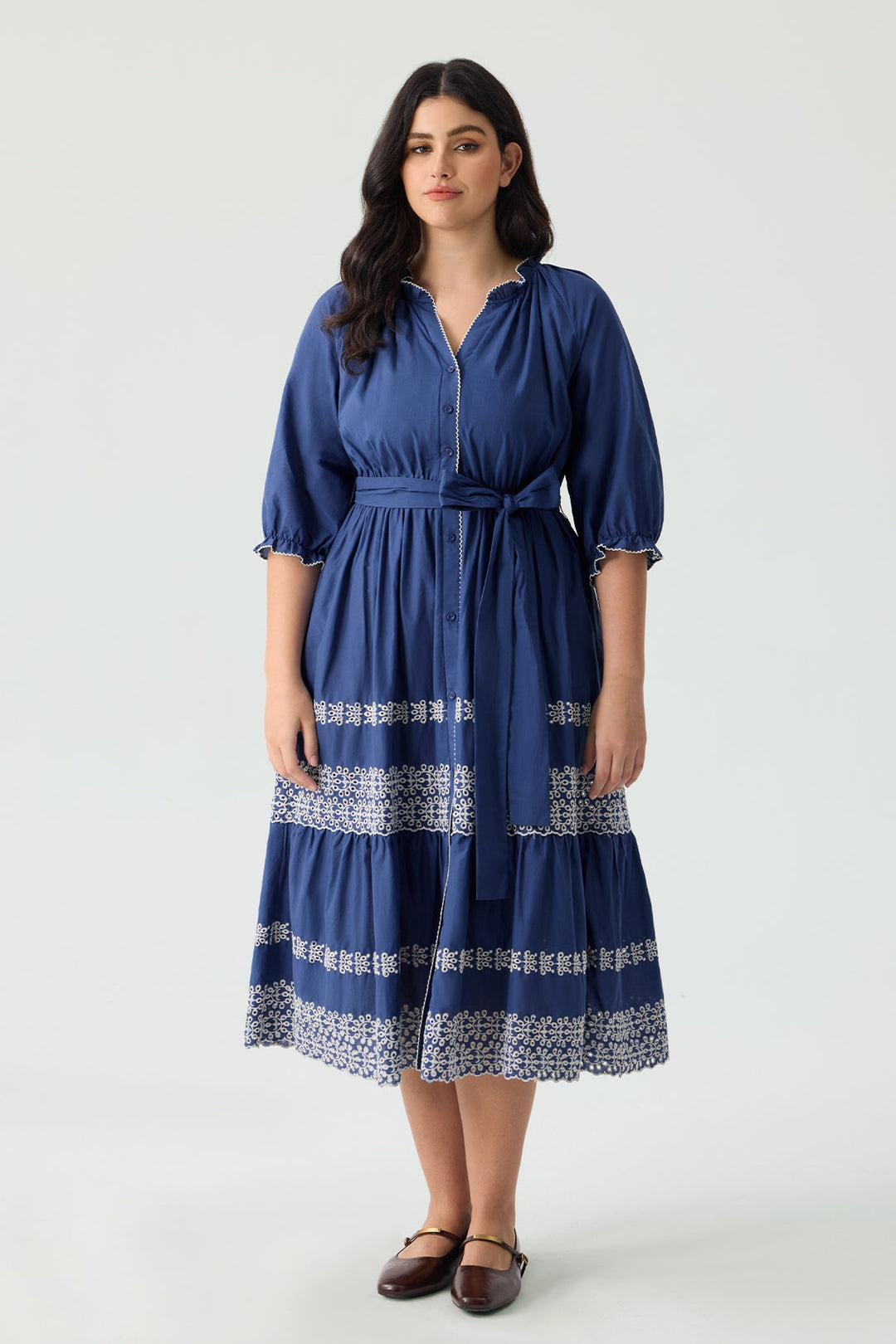 Embroidered Tiered Bohemian A-Line Shirt Dress with Belt