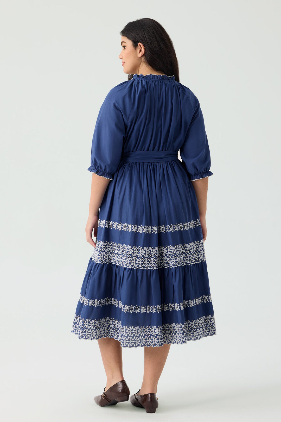 Embroidered Tiered Bohemian A-Line Shirt Dress with Belt