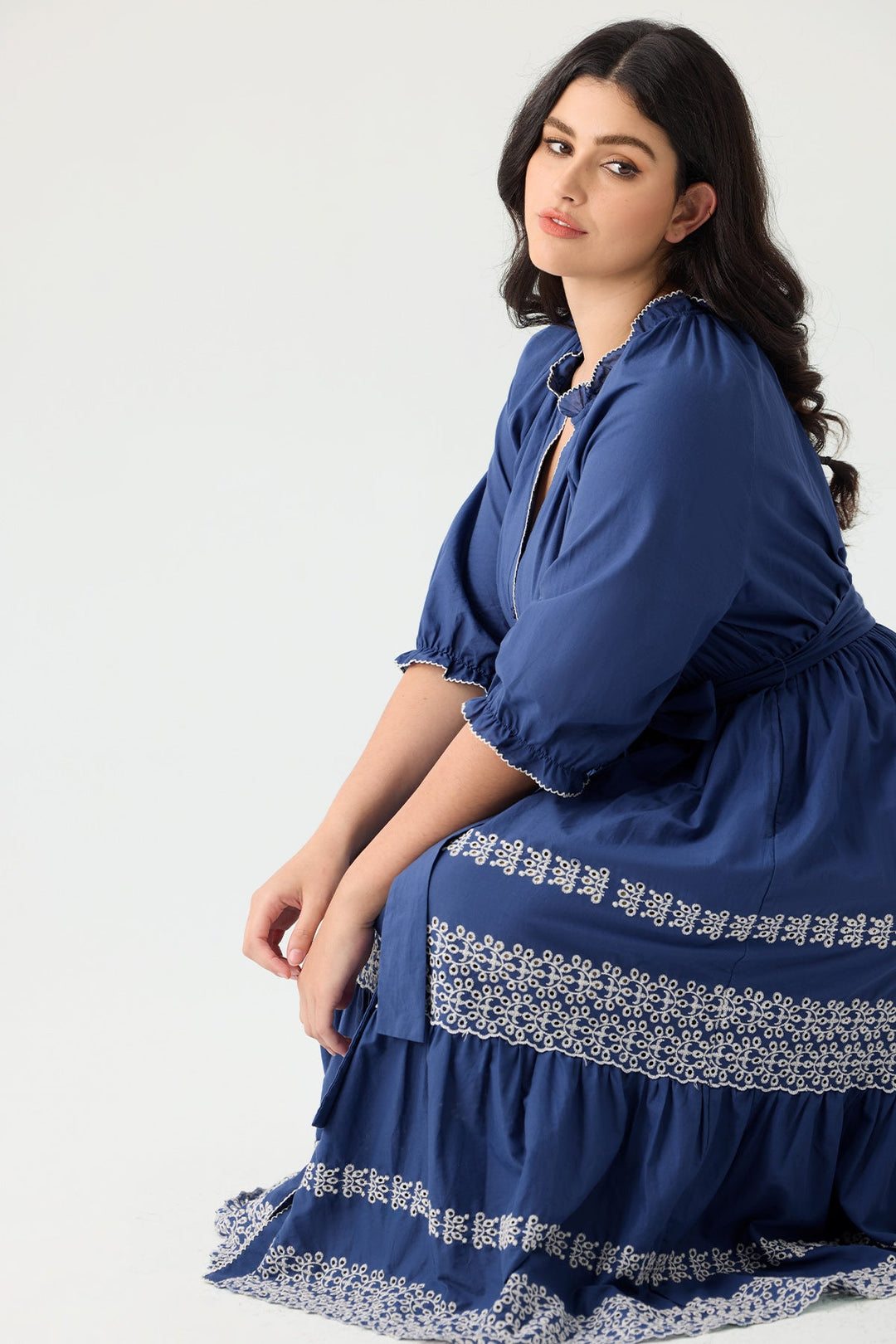 Embroidered Tiered Bohemian A-Line Shirt Dress with Belt