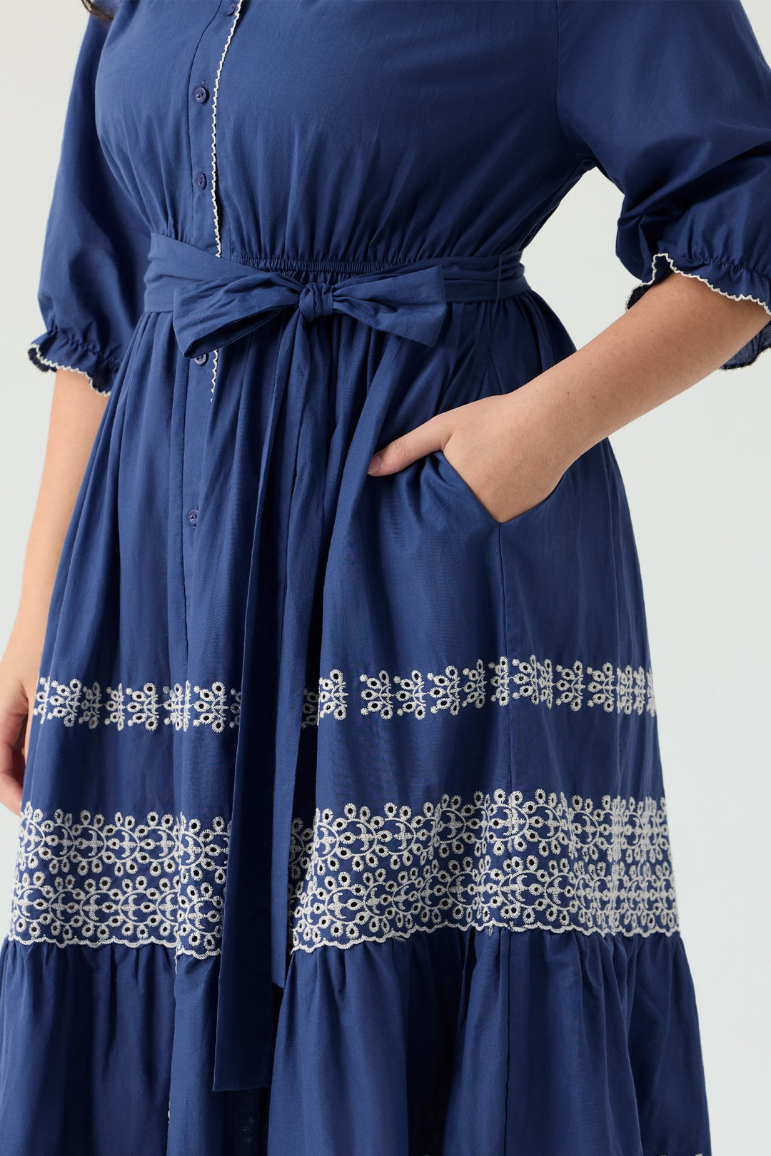 Embroidered Tiered Bohemian A-Line Shirt Dress with Belt
