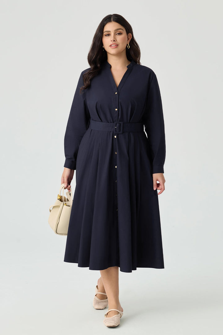 Pockets Navy Blue Pleated Midi Shirt Dress with Belt