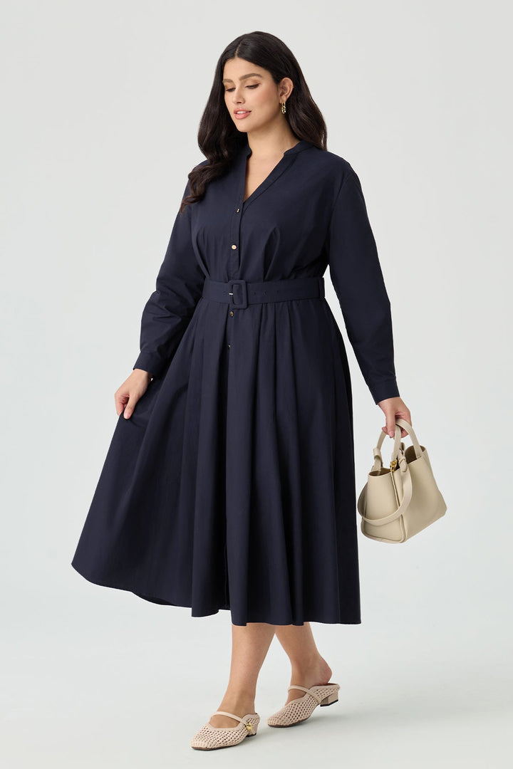 Pockets Navy Blue Pleated Midi Shirt Dress with Belt