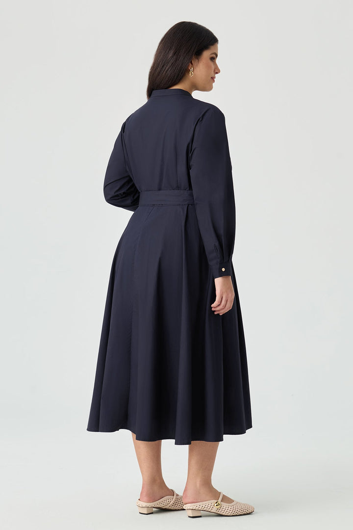 Pockets Navy Blue Pleated Midi Shirt Dress with Belt