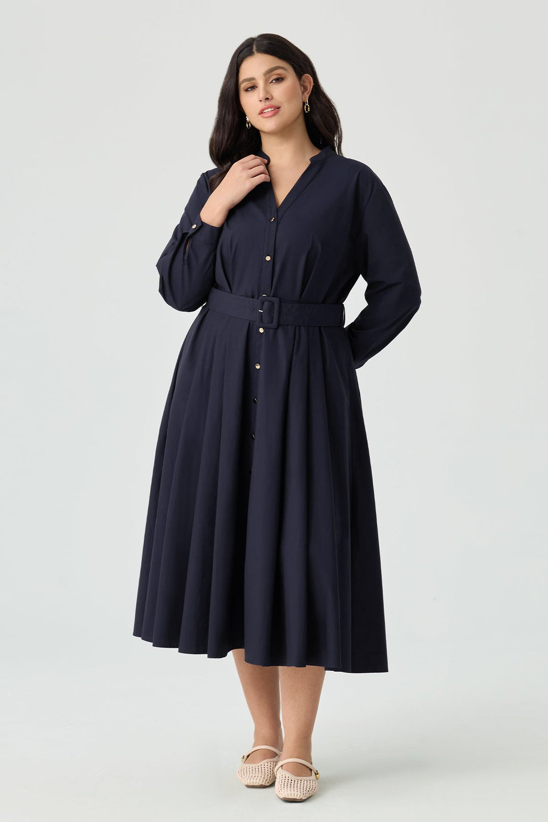 Pockets Navy Blue Pleated Midi Shirt Dress with Belt