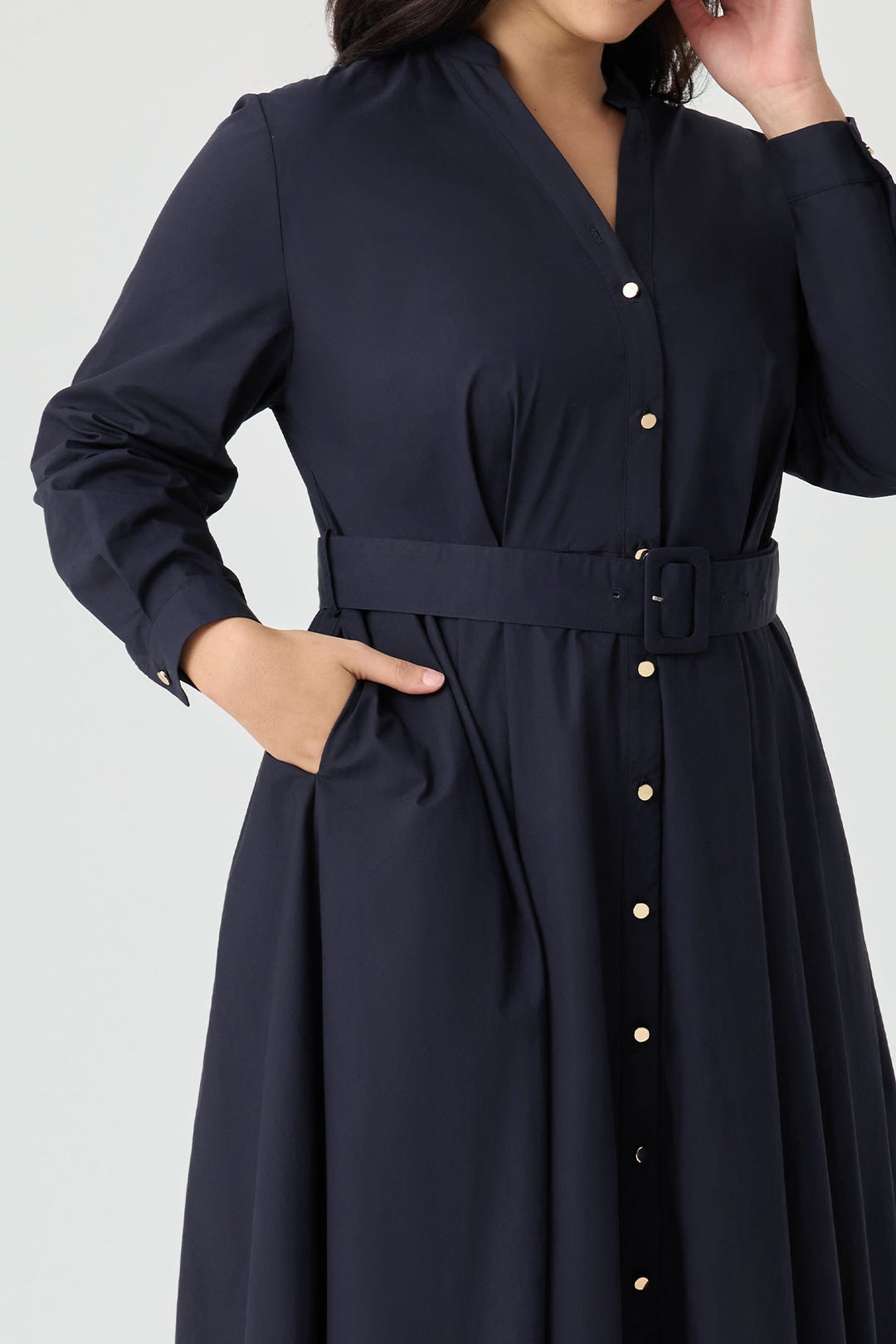 Pockets Navy Blue Pleated Midi Shirt Dress with Belt