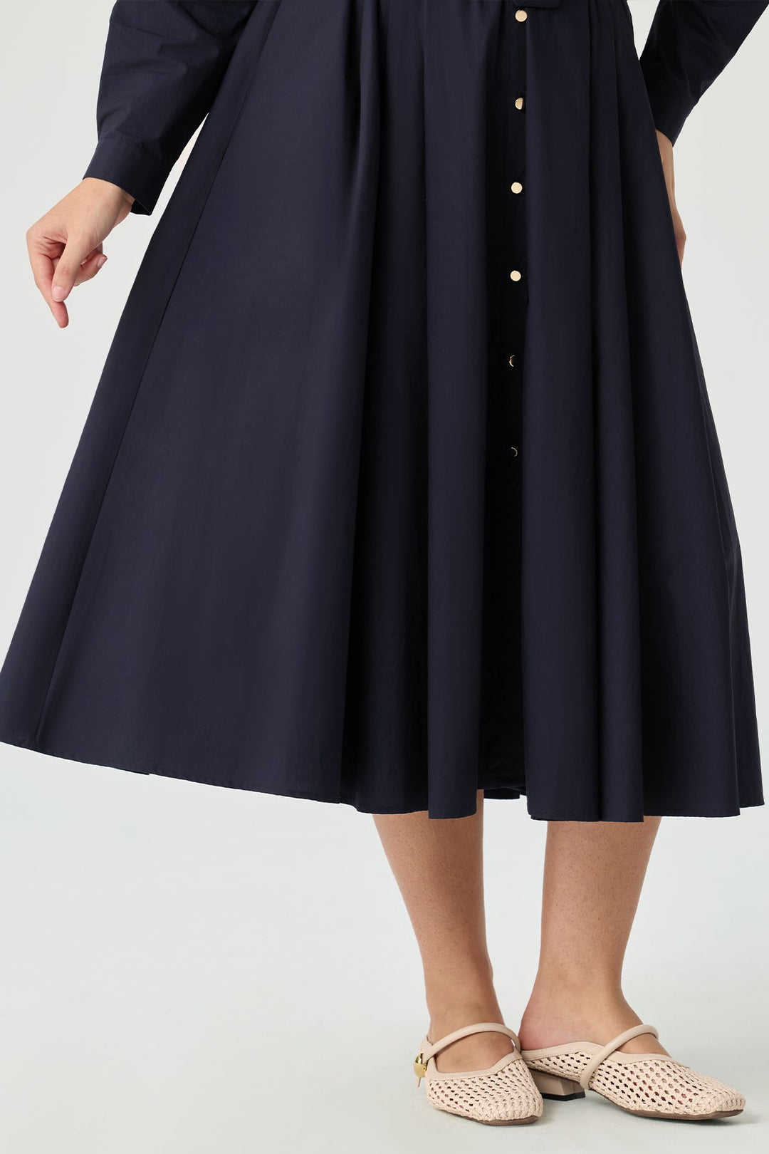 Pockets Navy Blue Pleated Midi Shirt Dress with Belt