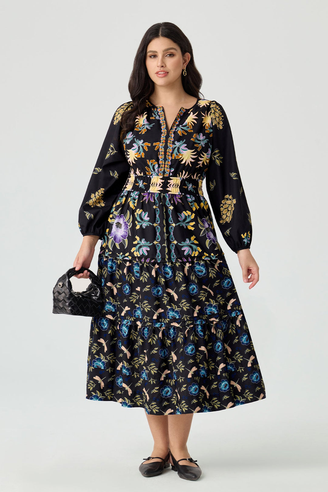 Pockets Boho Folkloric Floral Print Smocked Waist Midi Dress