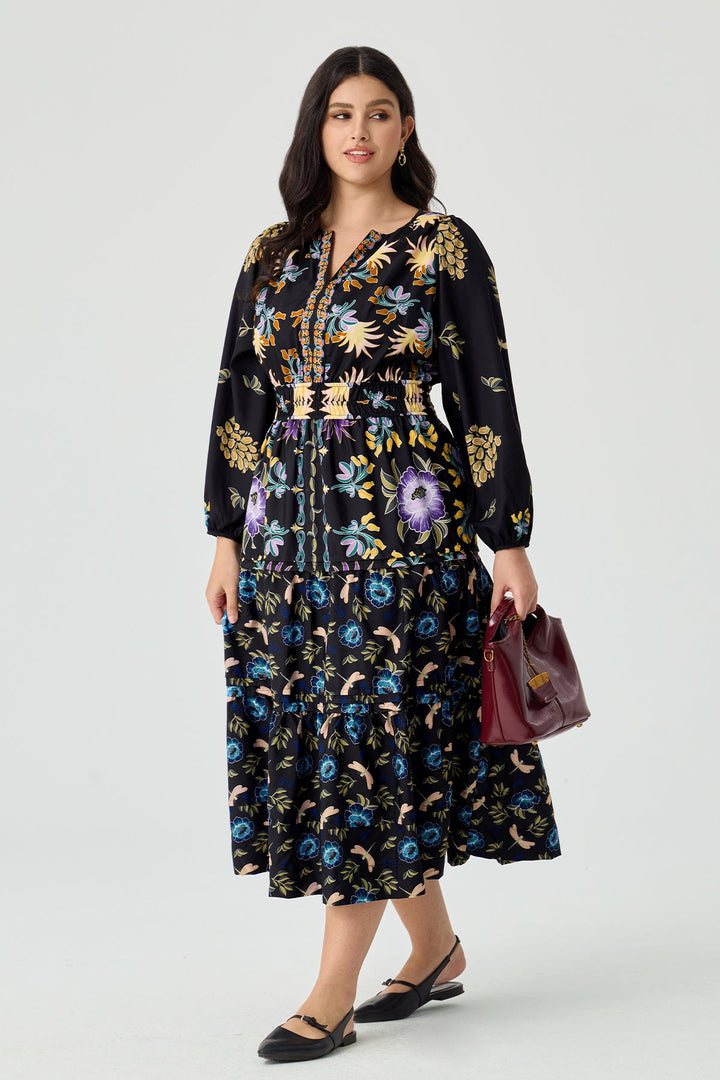 Pockets Boho Folkloric Floral Print Smocked Waist Midi Dress
