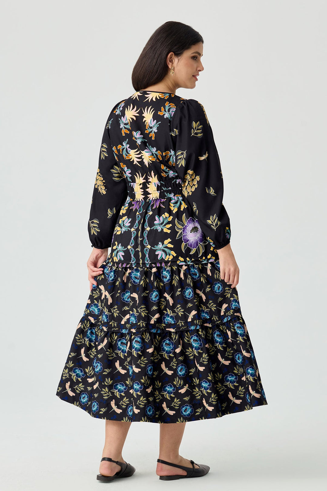 Pockets Boho Folkloric Floral Print Smocked Waist Midi Dress