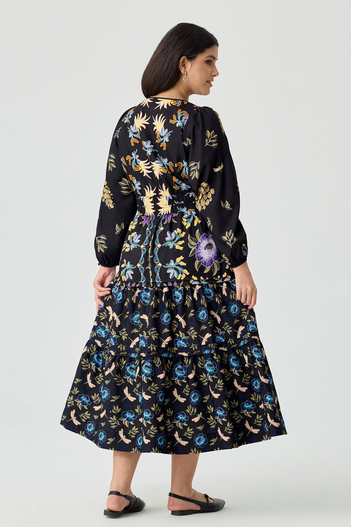 Pockets Boho Folkloric Floral Print Smocked Waist Midi Dress