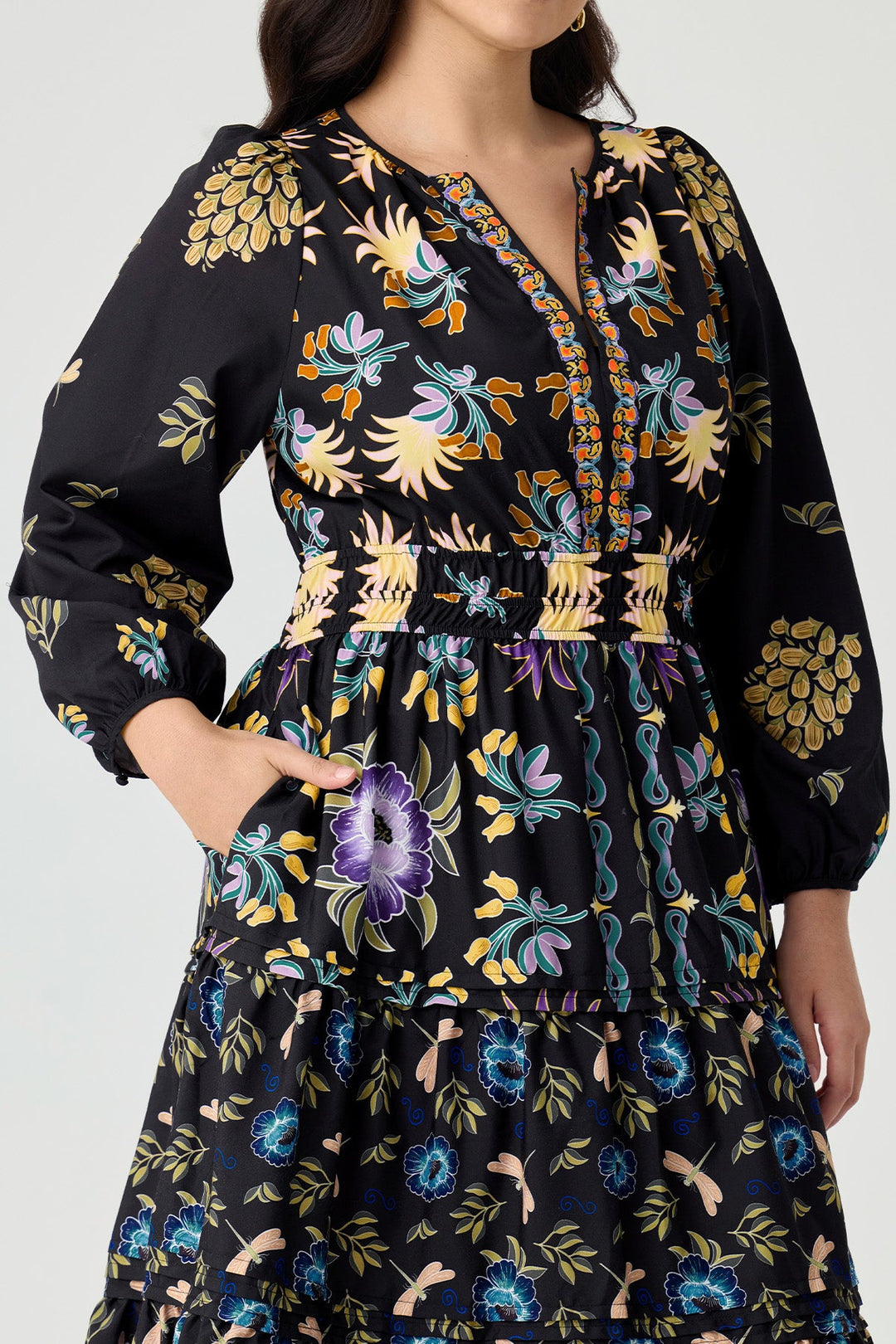 Pockets Boho Folkloric Floral Print Smocked Waist Midi Dress