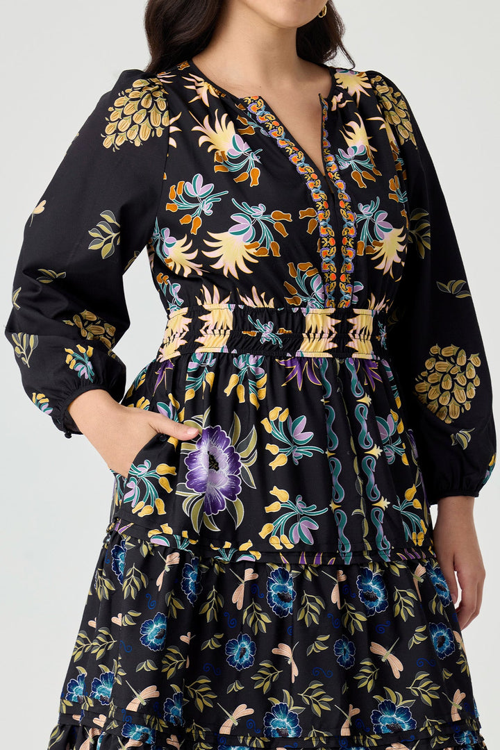 Pockets Boho Folkloric Floral Print Smocked Waist Midi Dress
