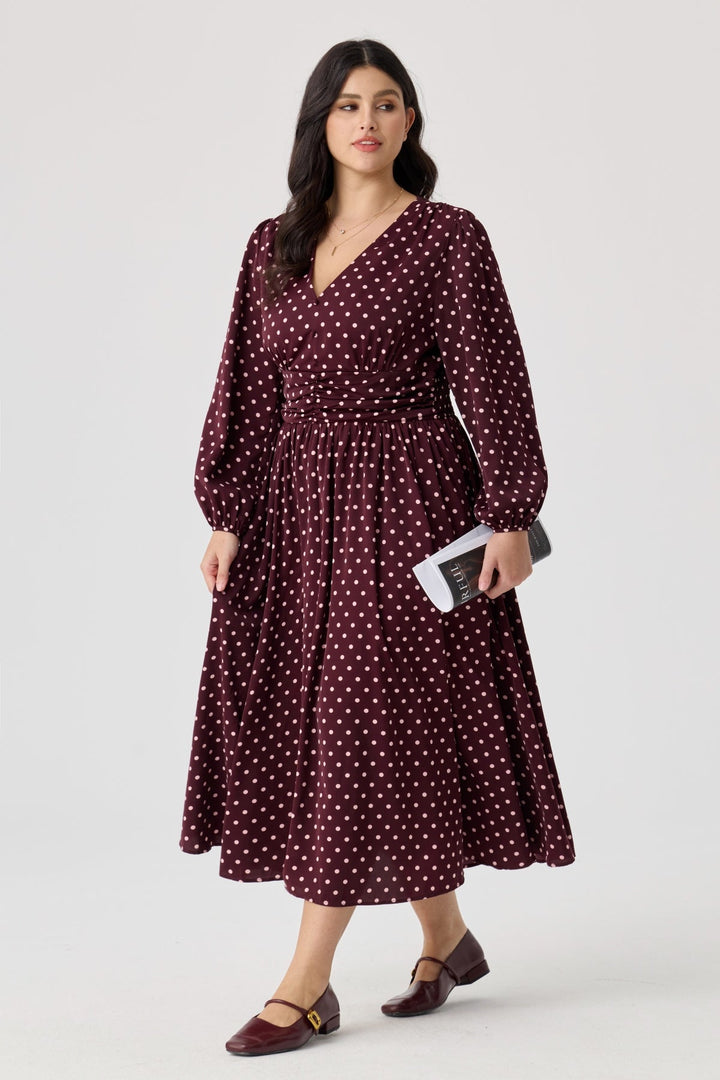 Pockets Polka Dot V-Neck Smocked Waist Midi Dress