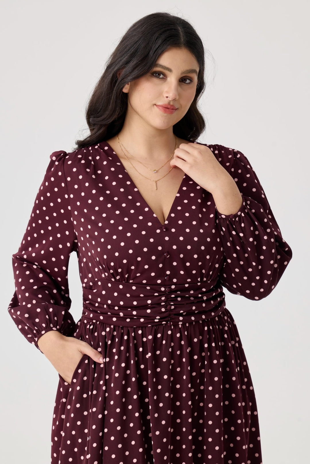 Pockets Polka Dot V-Neck Smocked Waist Midi Dress