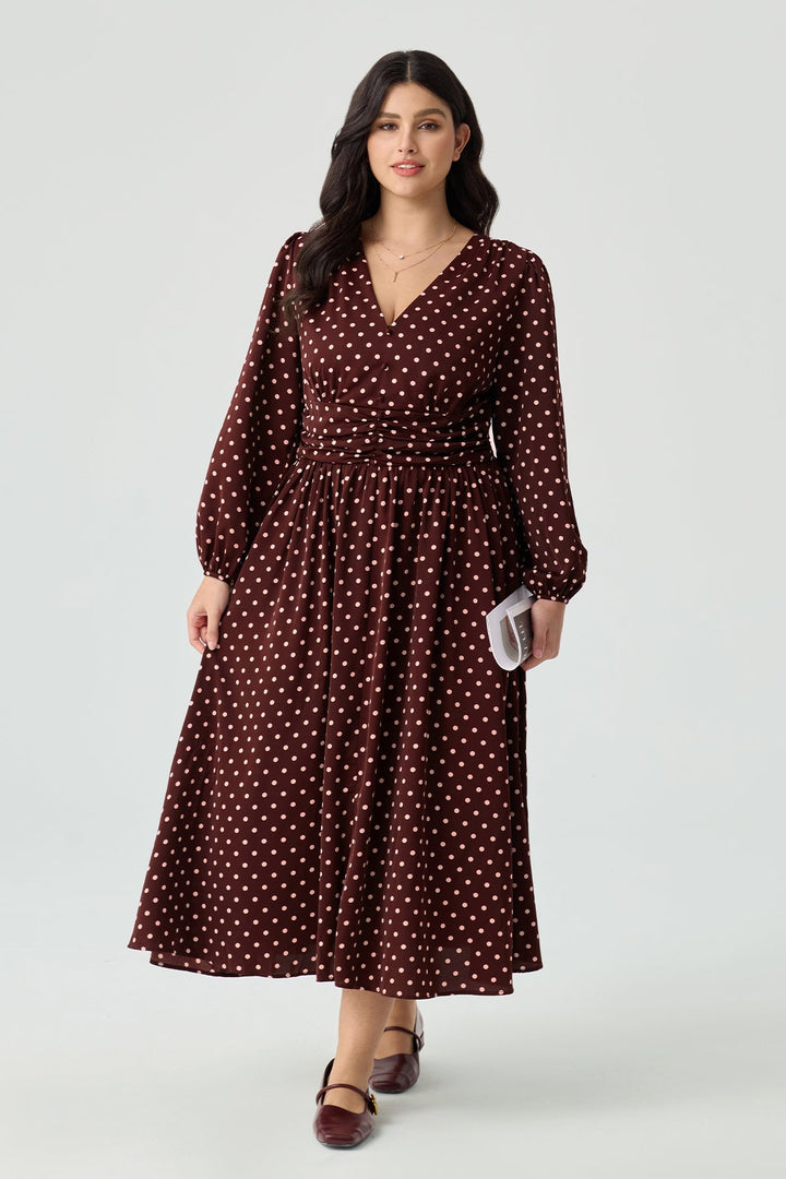 Pockets Polka Dot V-Neck Smocked Waist Midi Dress