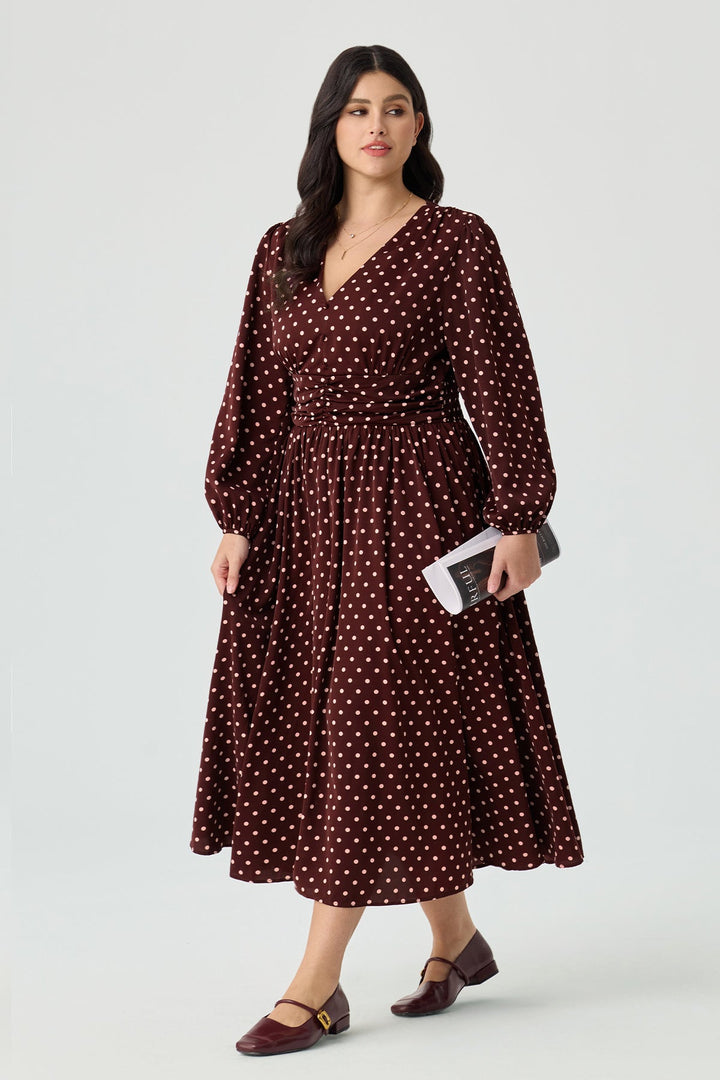 Pockets Polka Dot V-Neck Smocked Waist Midi Dress