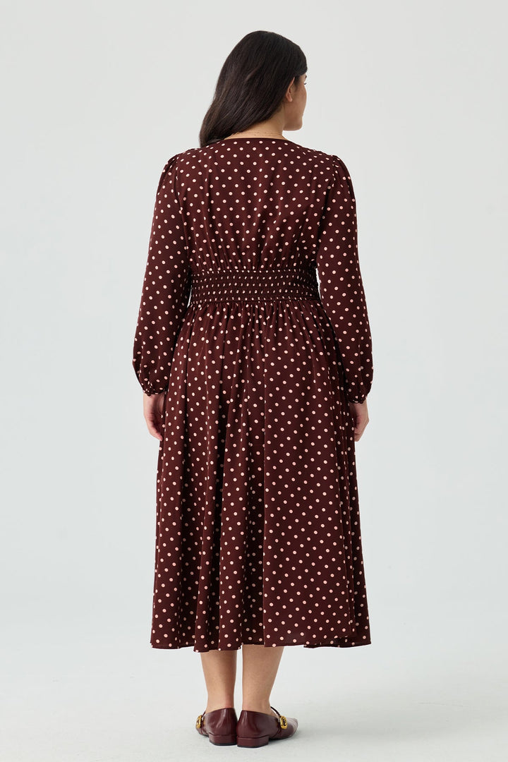 Pockets Polka Dot V-Neck Smocked Waist Midi Dress