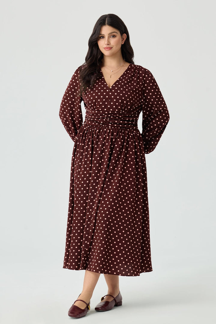 Pockets Polka Dot V-Neck Smocked Waist Midi Dress