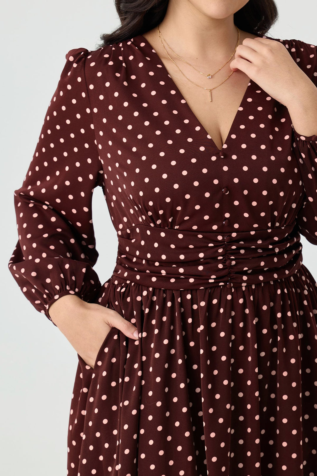 Pockets Polka Dot V-Neck Smocked Waist Midi Dress